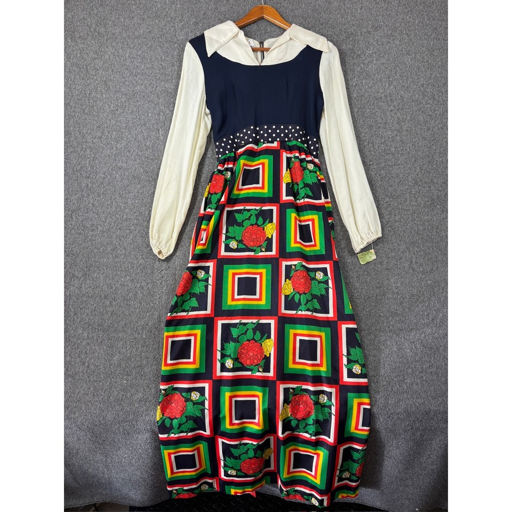 NWT Vintage 70s Floral Geometric Maxi Dress Navy‎ Polka Dot Long Sleeve 13